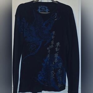 American Rag size Large Blue Long Sleeve Shirt Graphic Print on Front & Back VTG